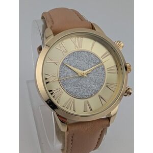 Kessaris Watch Women 38mm Gold Case Tan Faux Leather Band- New Battery